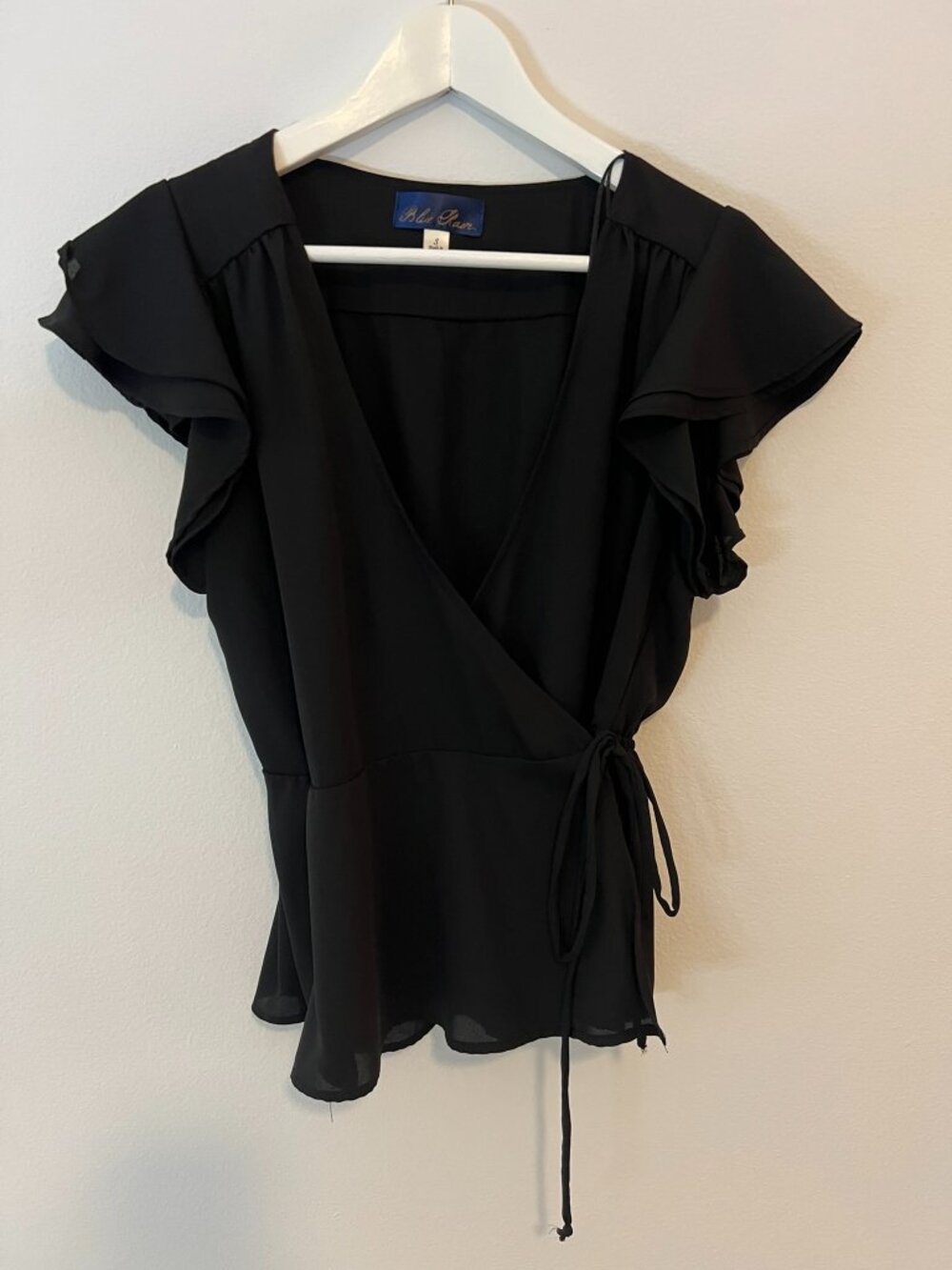 Blue Rain Size S Black Chiffon Wrap Blouse with Ruffle Sleeves